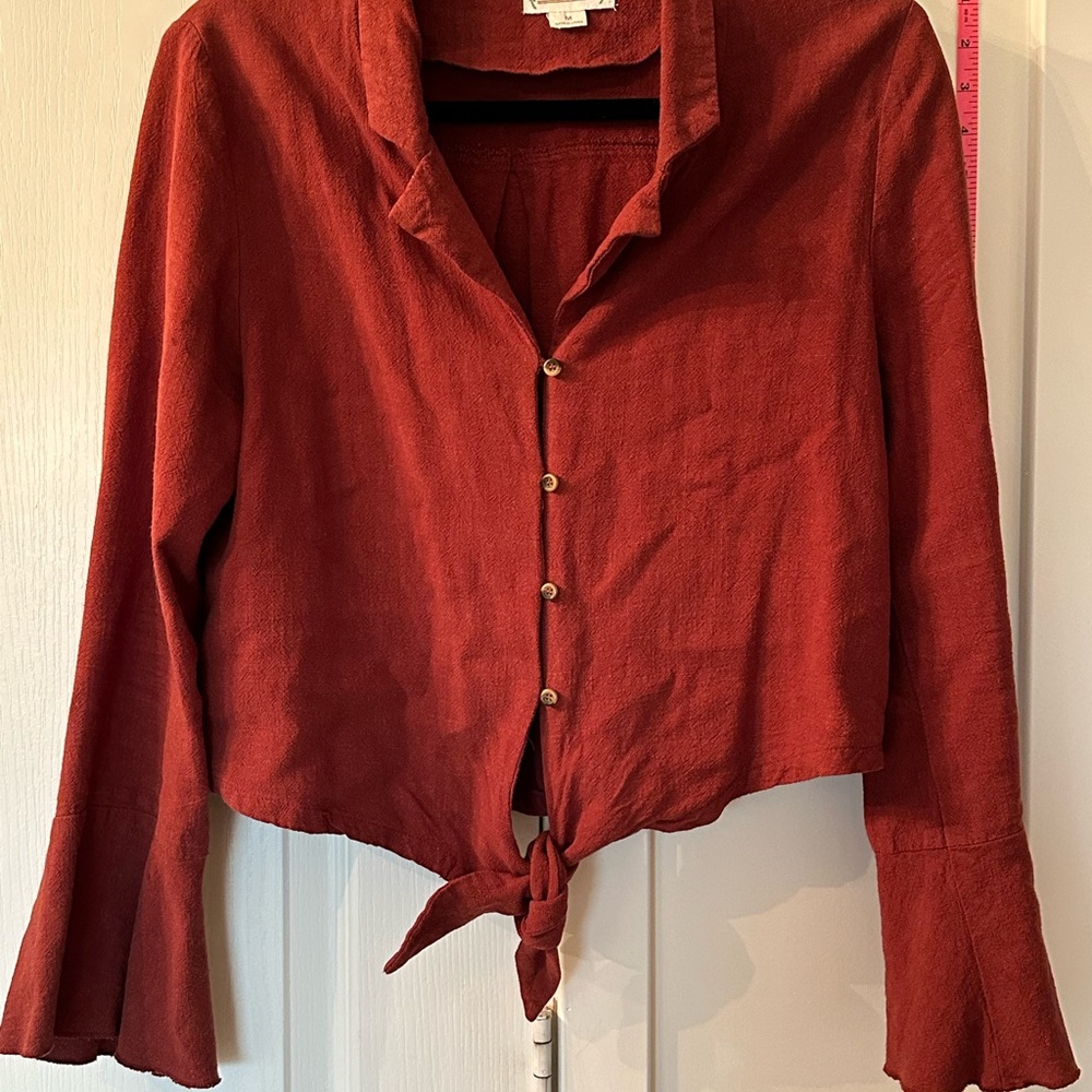 Love Riche Red Crop Button Down Top with Bell Sleeves and Mandarin Collar